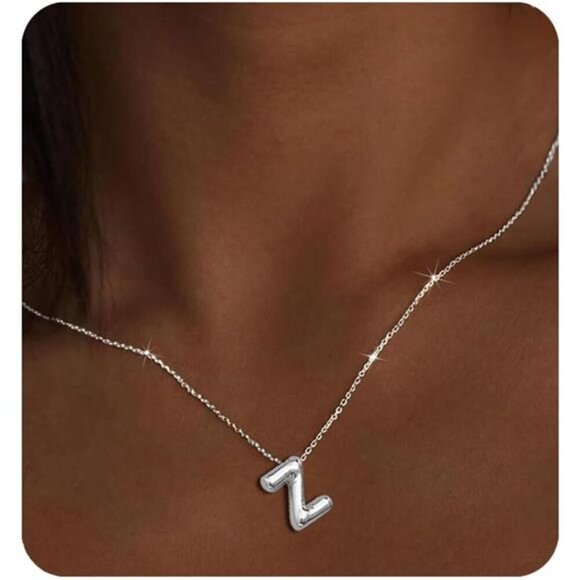 Silver Initial Pendant Necklace – Personalized Letter “Z” Trendy Stuffed Bubble - Picture 1 of 5